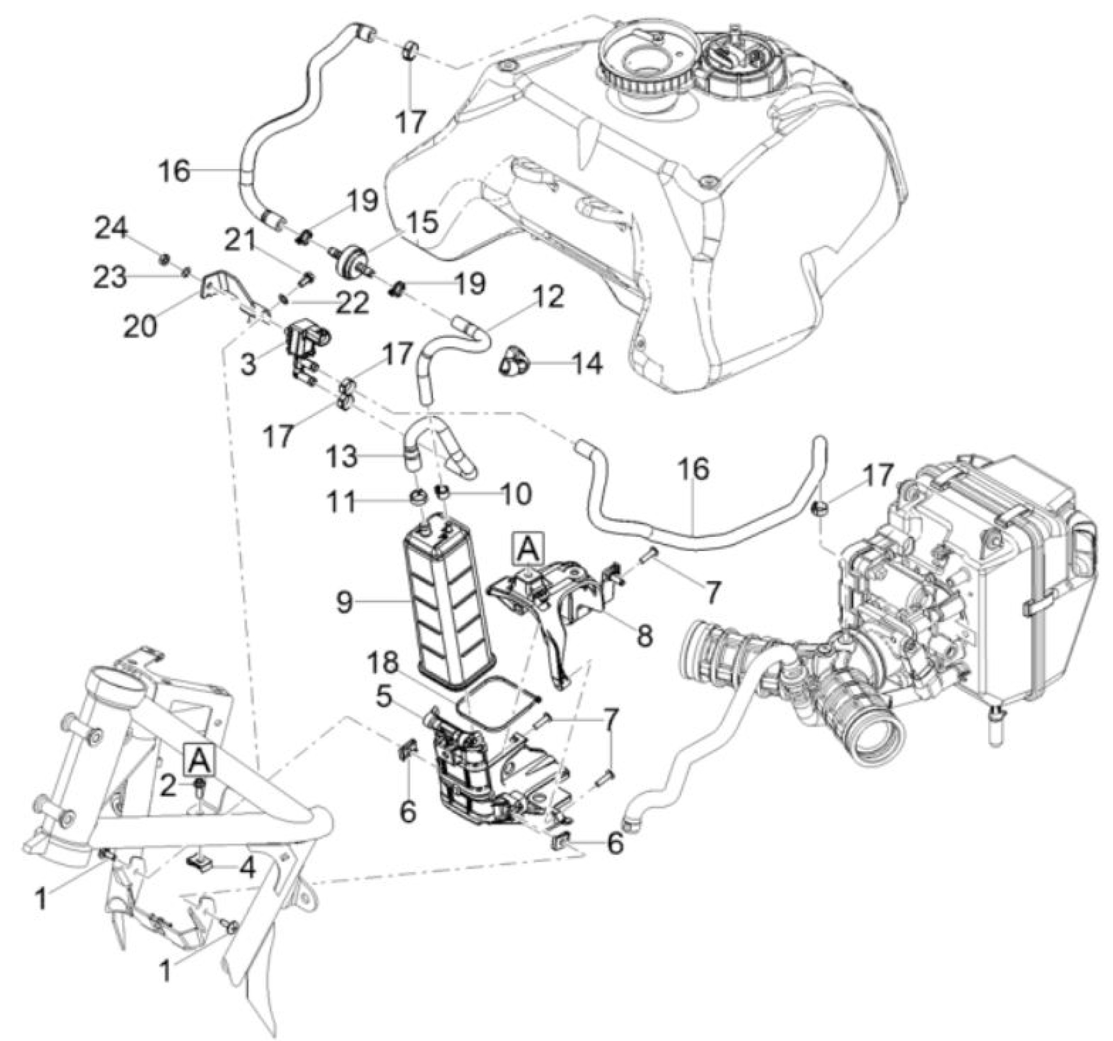 Explosionszeichnung Moto Guzzi V85 TT E5 / V85 TT Strada E5 / V85 TT Travel E5 Benzindampfrückführung (2024–2025)