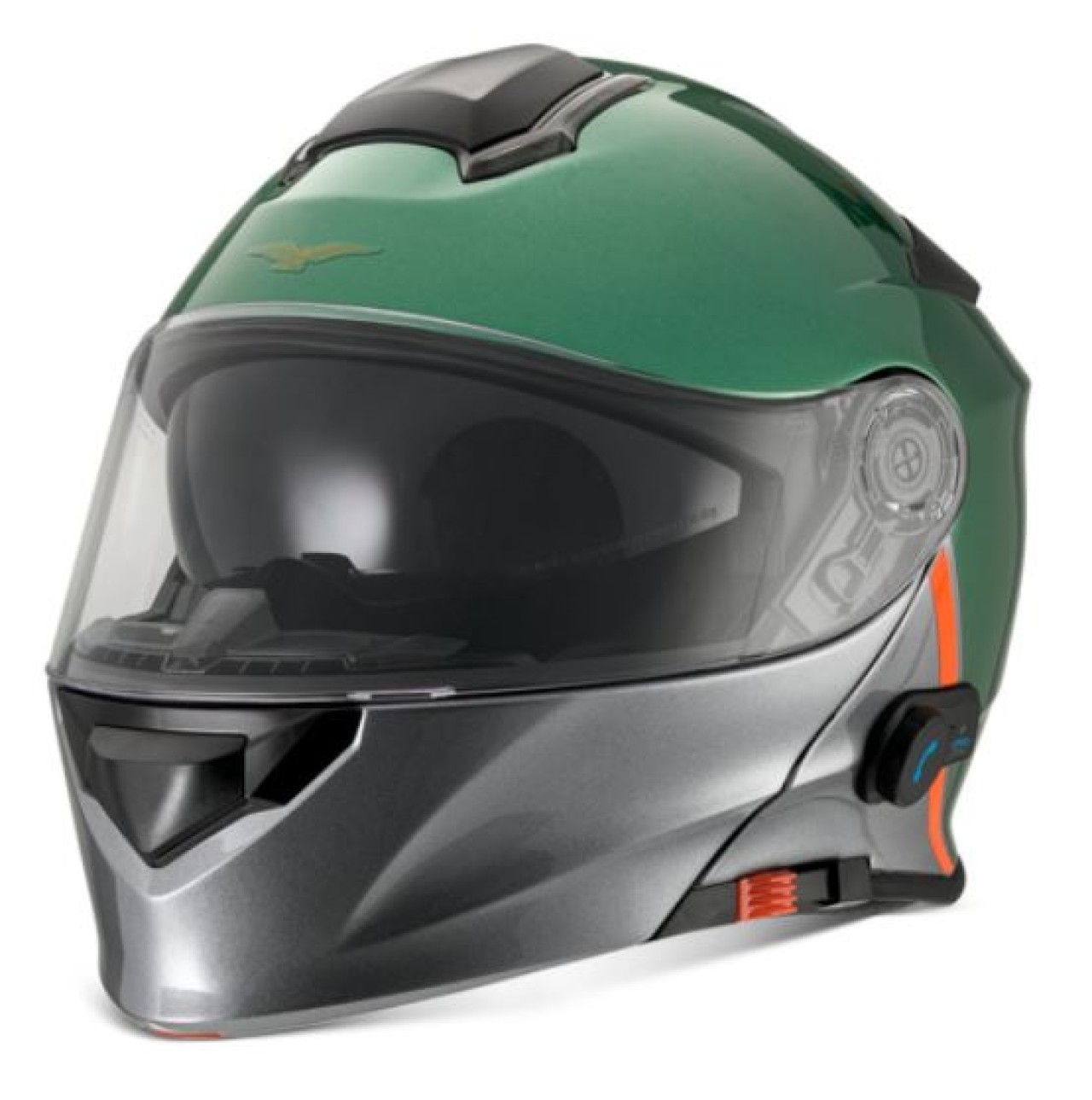 Moto Guzzi Klapphelm mit Bluetooth, grün-silber glänzend, ECE 22.06