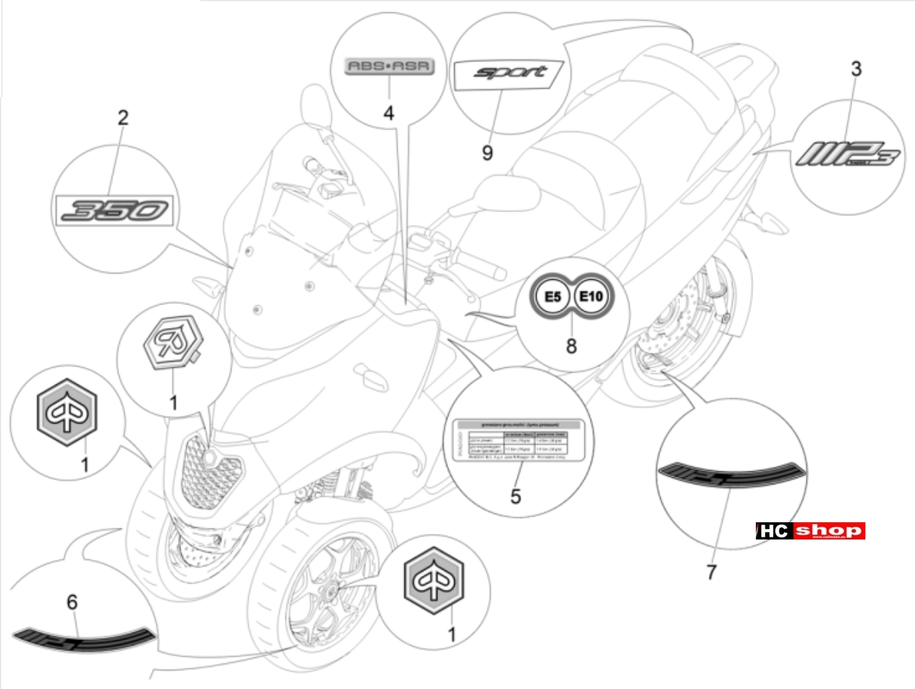 Piaggio MP3 350 Sport E4 ABS Fahrgestell Plaketten - Verzierungen
