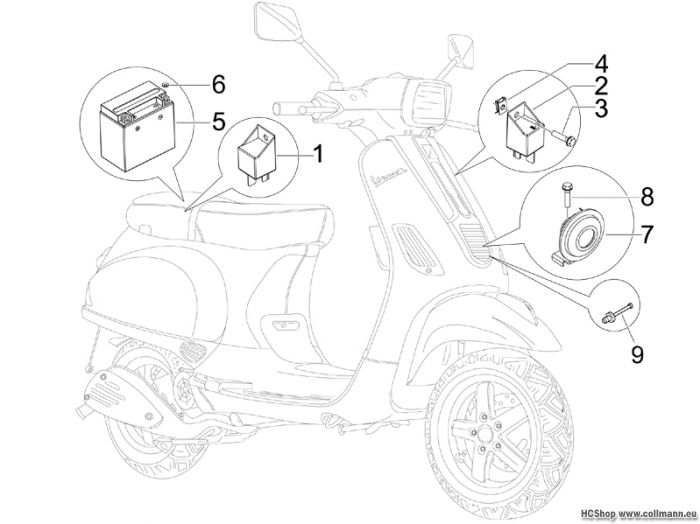 Vespa Fernschalteren - Batterie - Hupe S125 4T