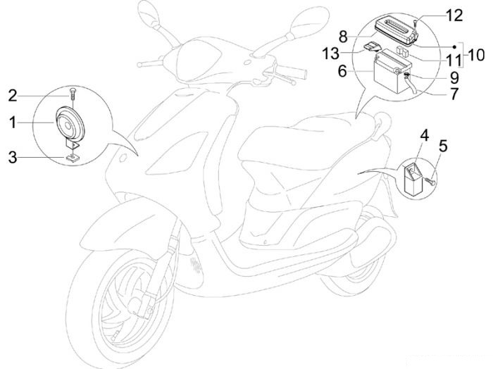 Piaggio Fernschalteren - Batterie - Hupe Fly 50 2T