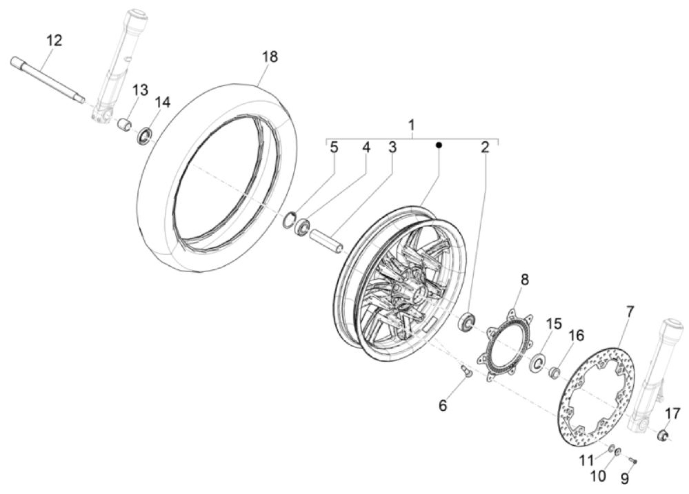 Explosionszeichnung Piaggio Beverly 300 HPE E5 / Beverly 310 HPE E5+ Vorderrad (2023–2026)