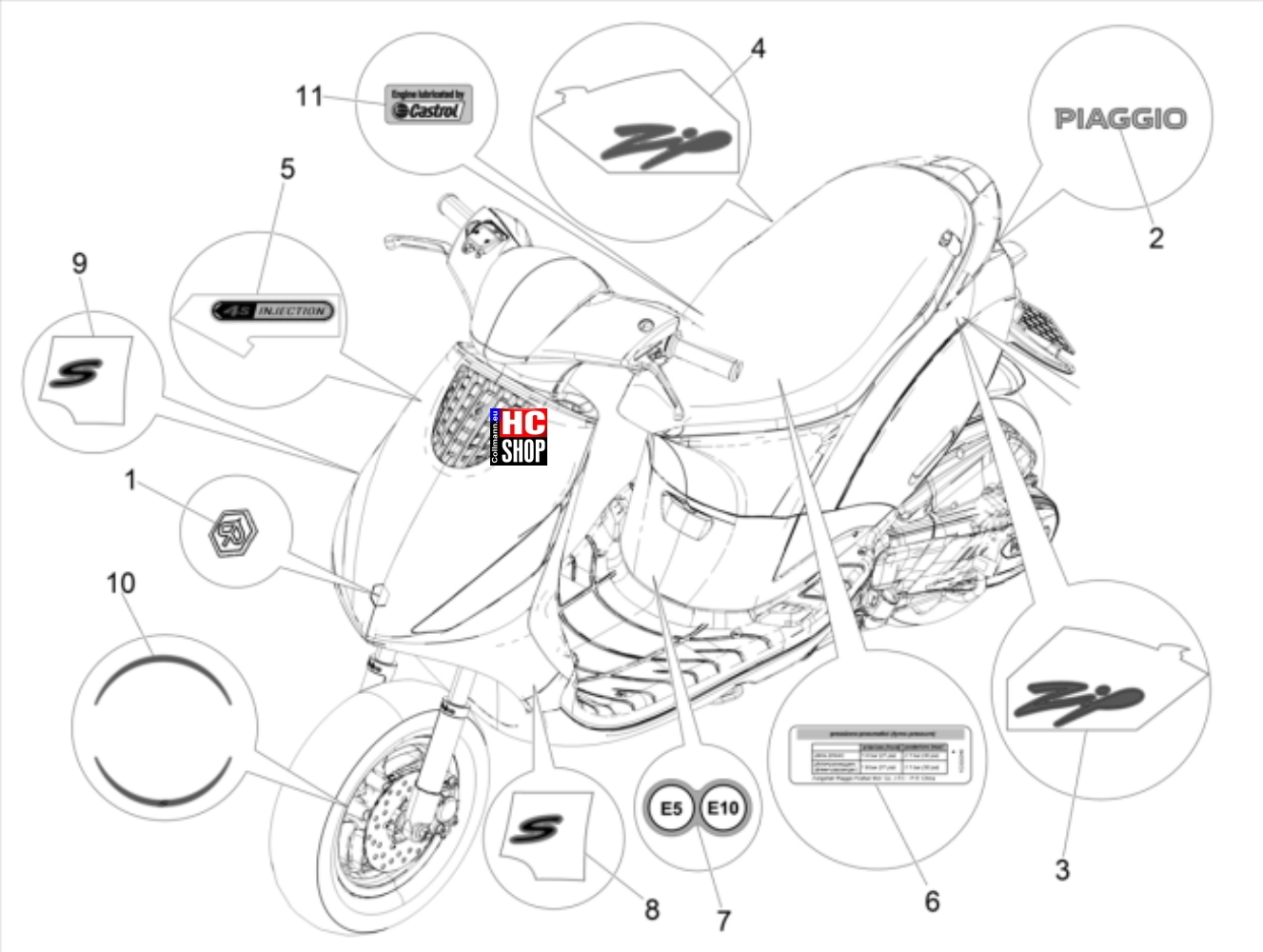 Piaggio ZIP 50 4T E5 Fahrgestell Plaketten - Verzierungen
