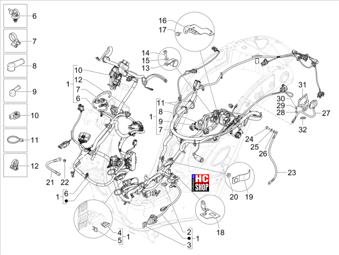Vespa GTS 300 E5 Elektr. Anlage Hauptkabelbaum – Rahmen-Kabelbaum Modellversion: Super Sport Version [S.S.] Version Classic [C]