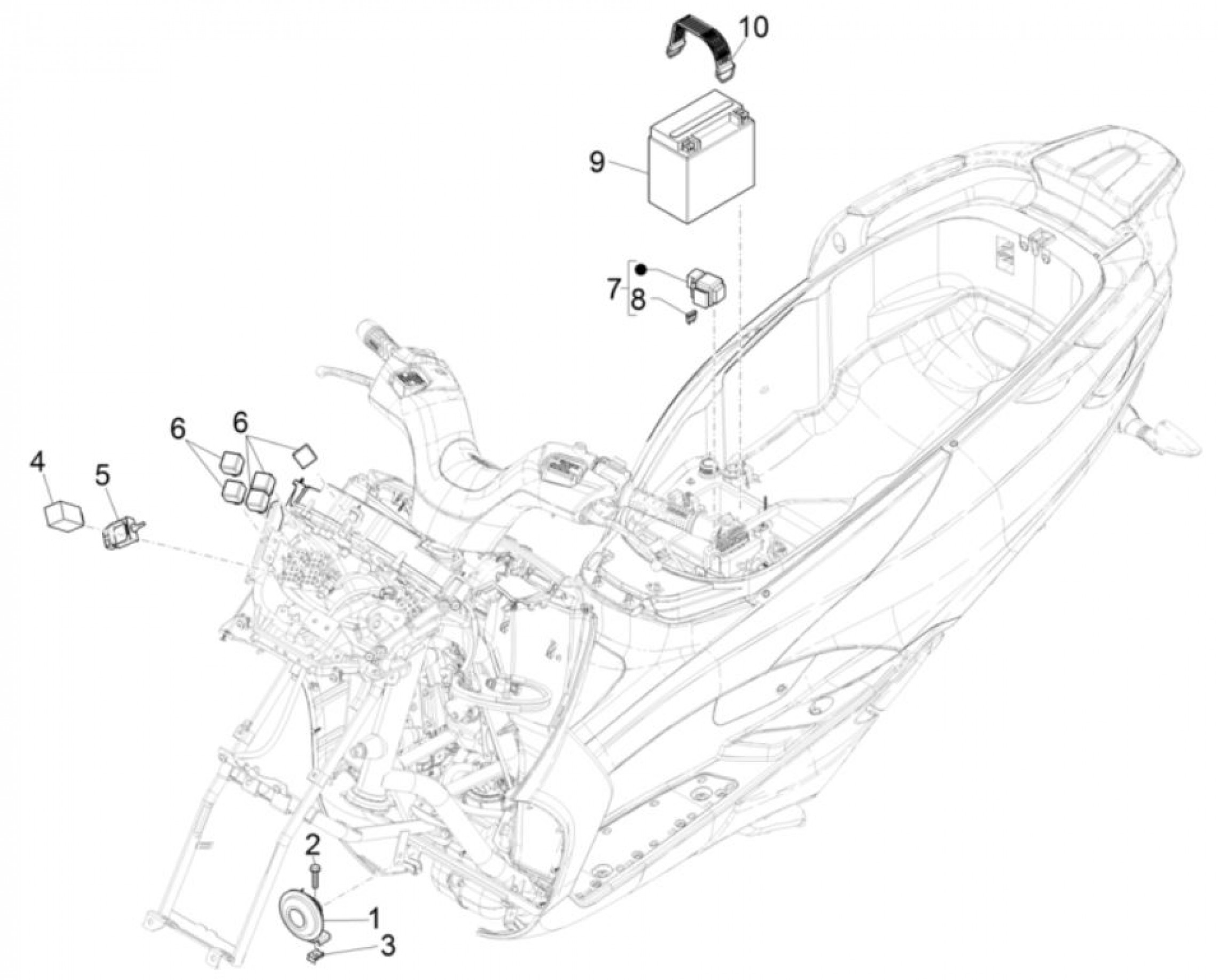 Explosionszeichnung Piaggio MP3 350 ABS Sport u. a. Batterie