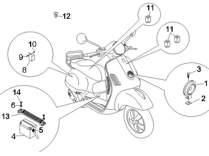 Vespa Fernschalteren - Batterie - Hupe GTS 250