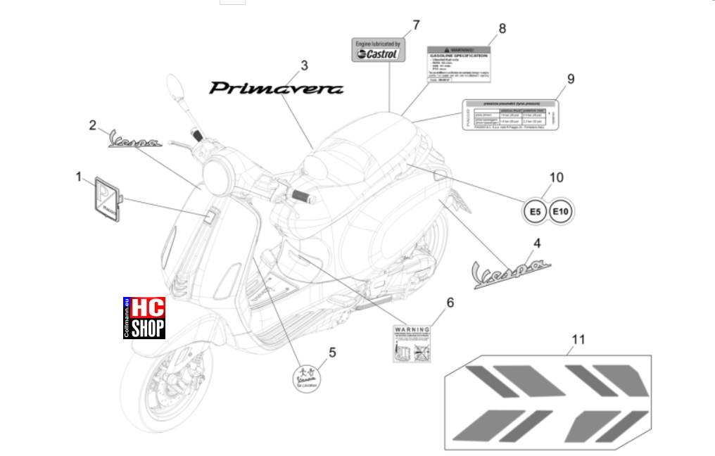 Vespa Primavera 50 TECH E5 - Fahrgestell-Karosserie - Plaketten-Verzierungen