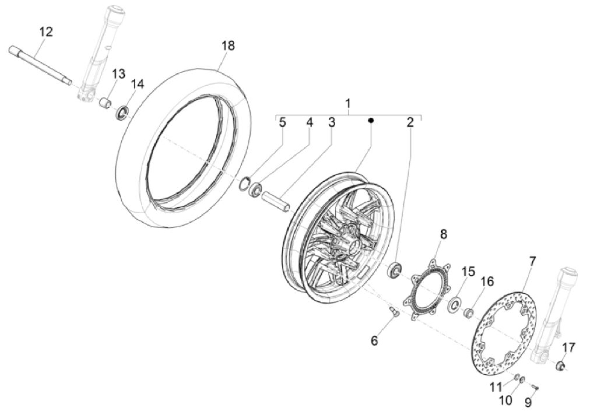 Explosionszeichnung Piaggio Beverly 300 HPE E5 / Beverly 310 HPE E5+ Vorderrad (2023–2025)