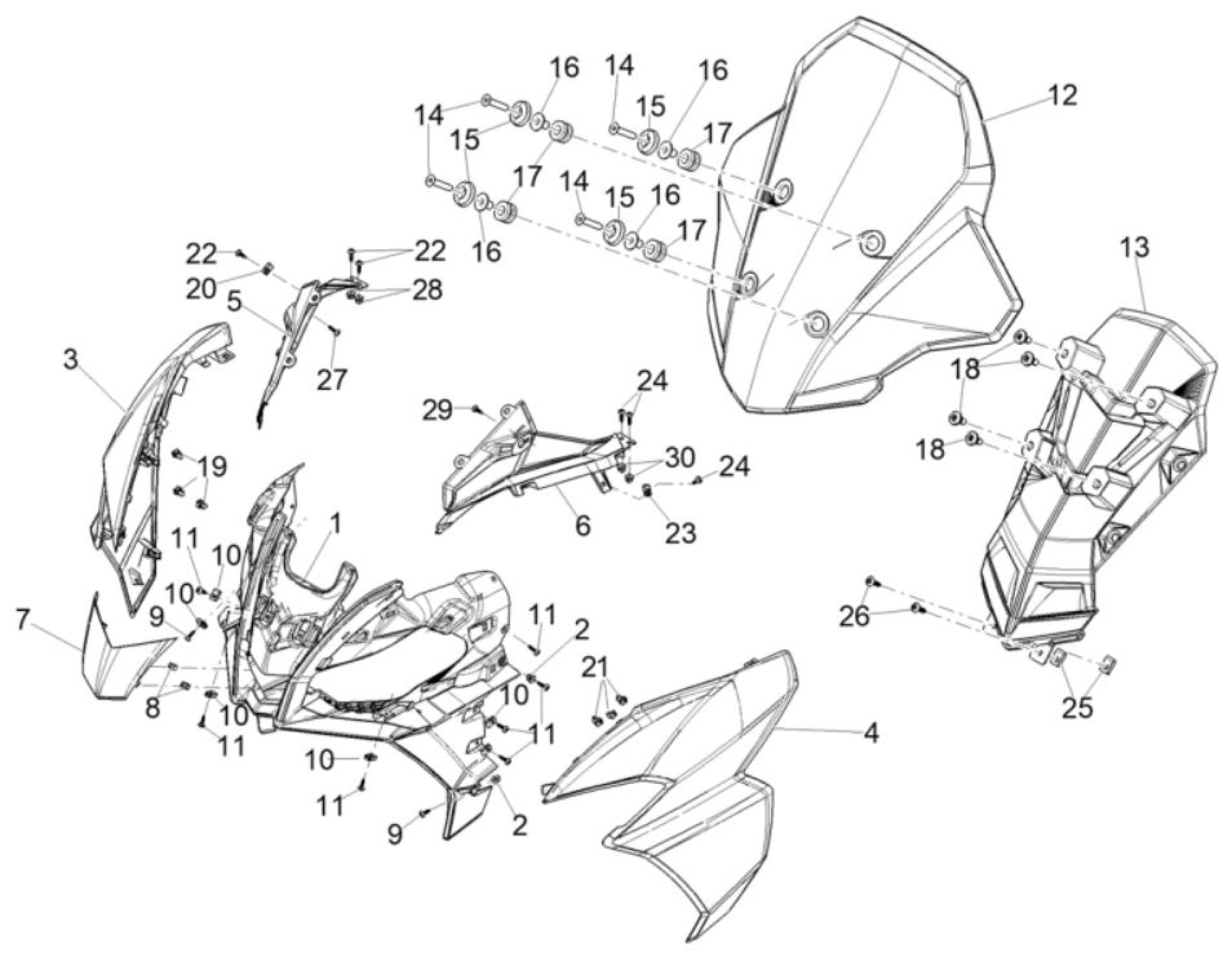 Explosionszeichnung Aprilia SR GT 125 / SR GT 200 Frontschild (2024–2025)