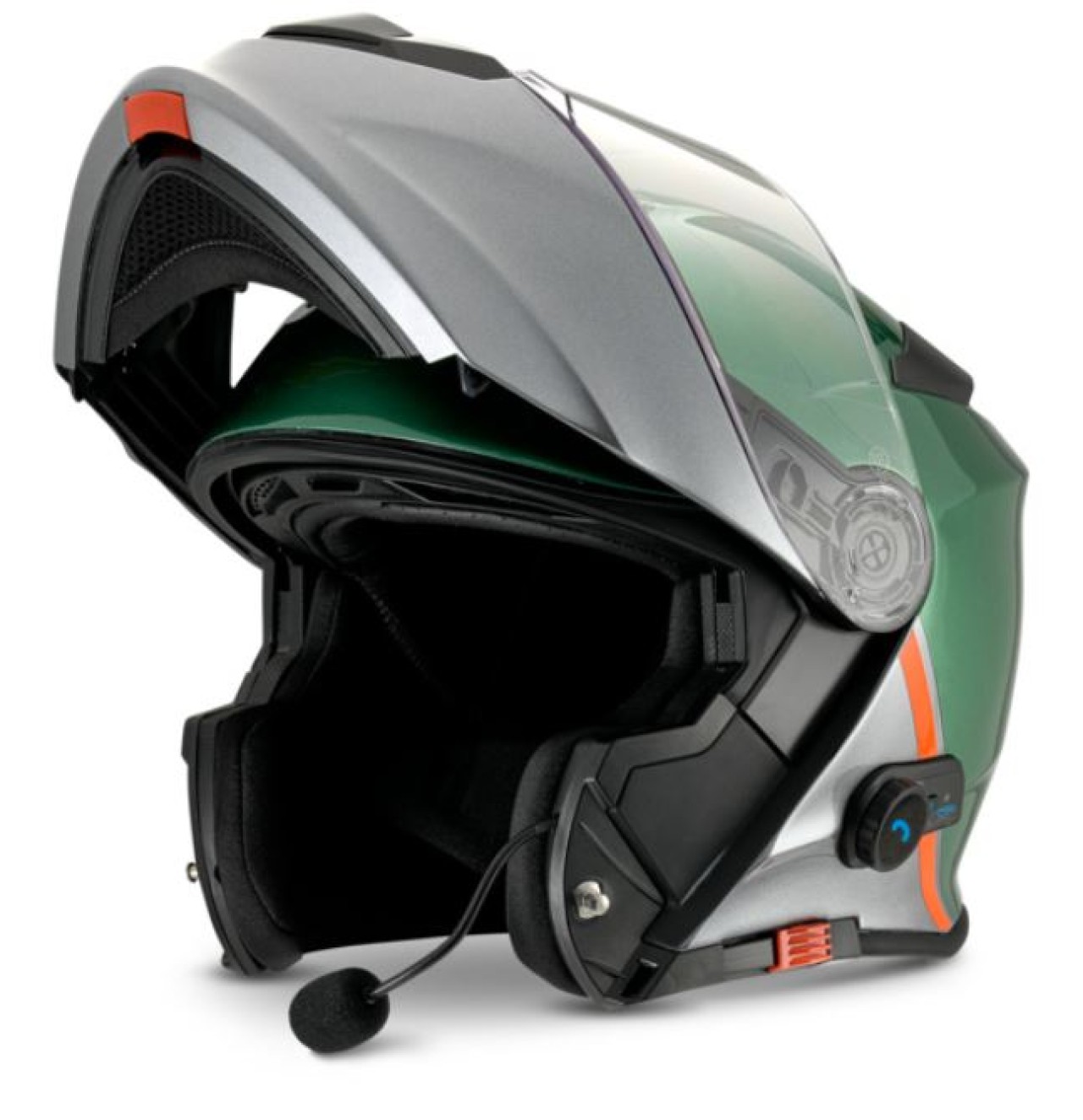 Moto Guzzi Klapphelm mit Bluetooth, grün-silber glänzend, ECE 22.06