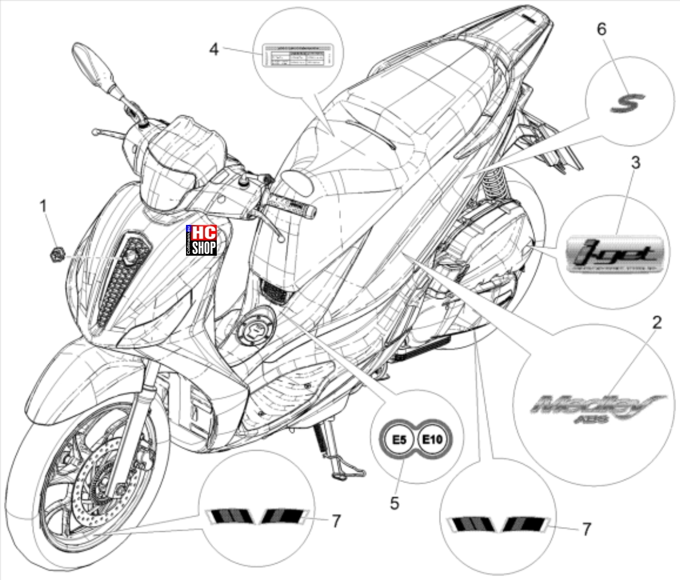 Piaggio Medley 125 E5 Fahrgestell Plaketten - Verzierungen