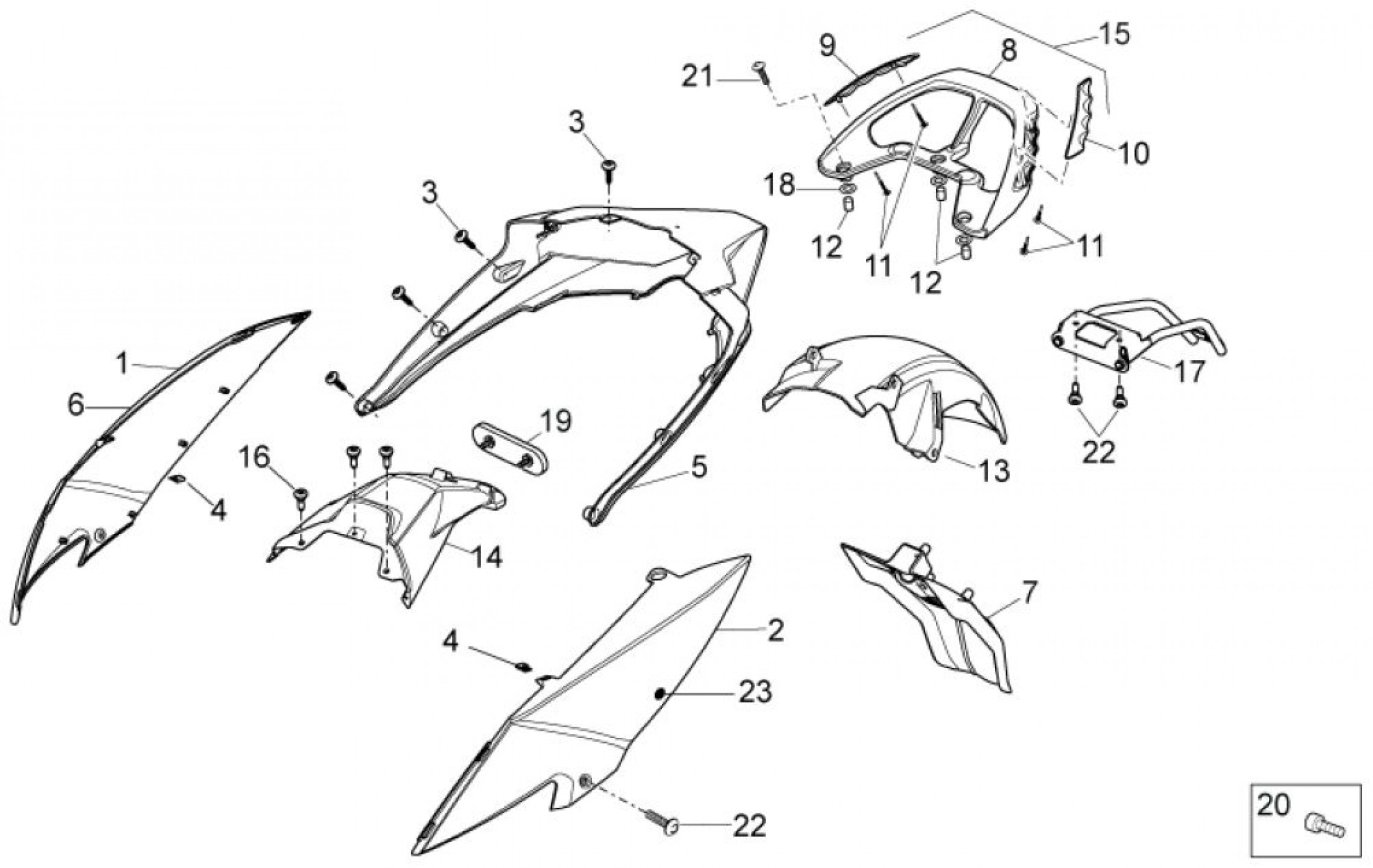 Explosionszeichnung Derbi Variant Sport 125 / Variant Sport 50 2T Seitenverkleidungen