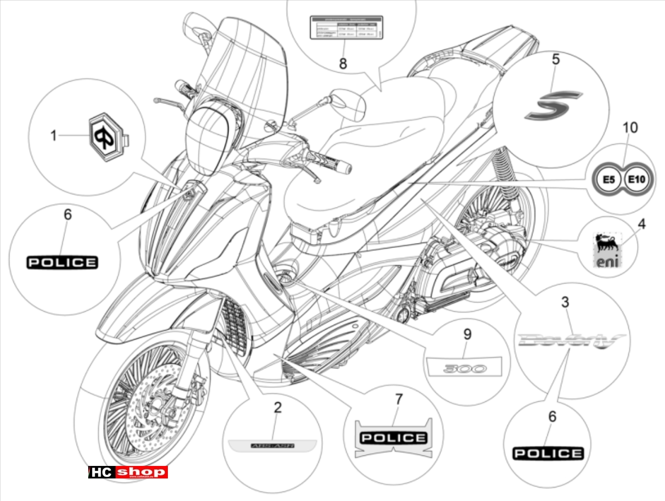 Piaggio Beverly 300 ABS Fahrgestell Plaketten - Verzierungen