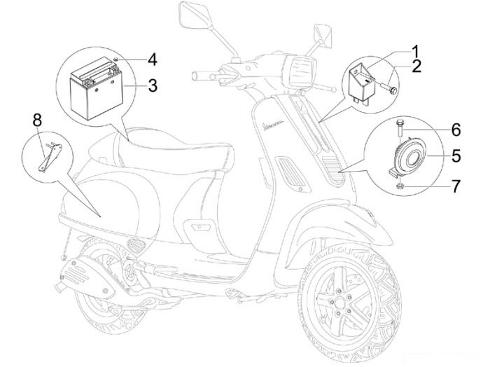 Vespa Fernschalteren - Batterie - Hupe S 50 2T