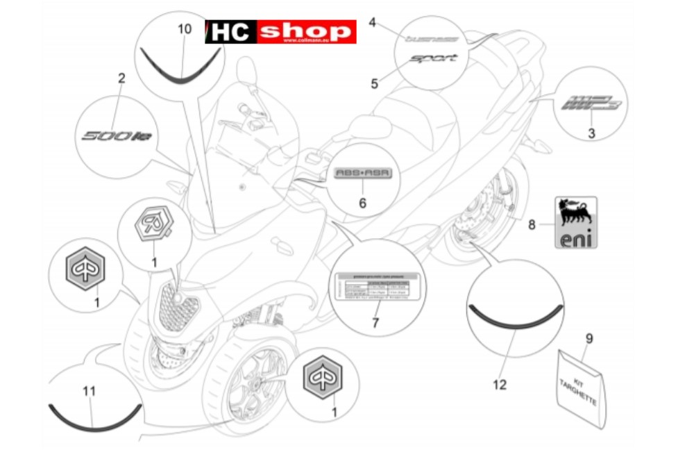Piaggio MP3 500 LT Sport - Business Fahrgestell Plaketten - Verzierungen