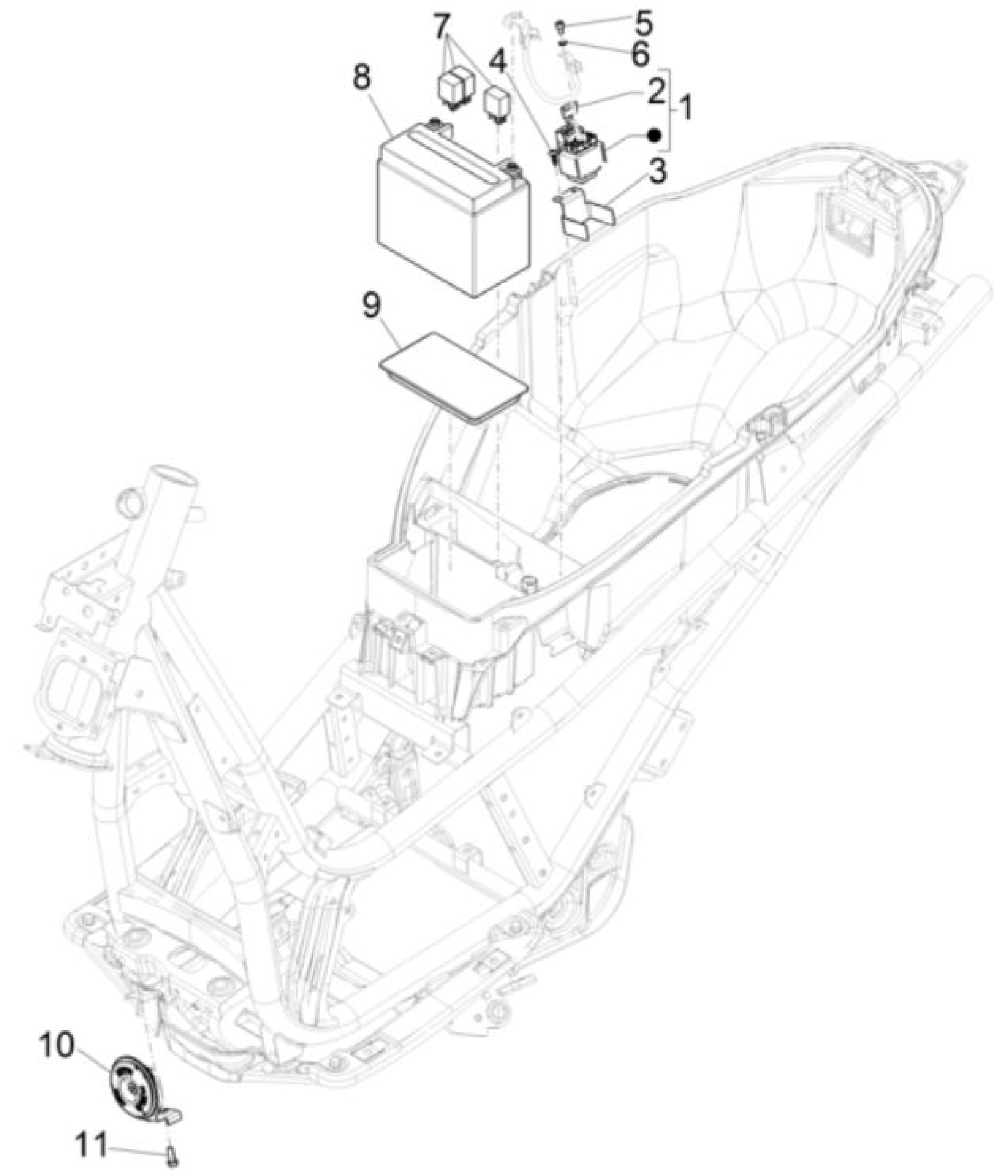 Explosionszeichnung Piaggio Beverly 300 HPE E5 / Beverly 400 HPE E5 Batterie (2023–2024)