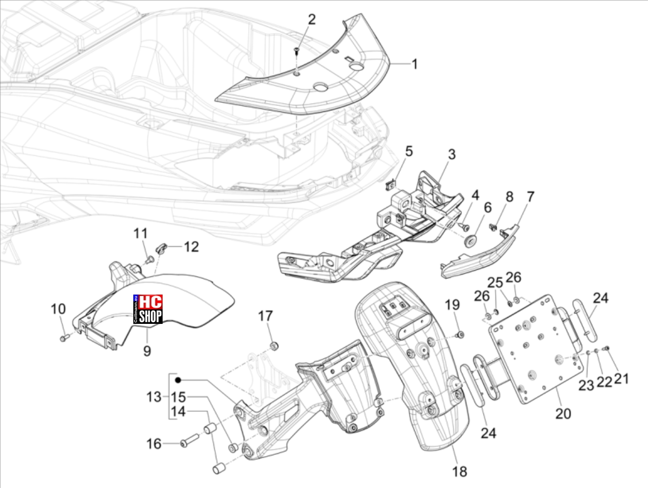 Piaggio MP3 400 hpe RST Classic-Sport Fahrgestell Hinterradabdeckung - Kotflügellappen