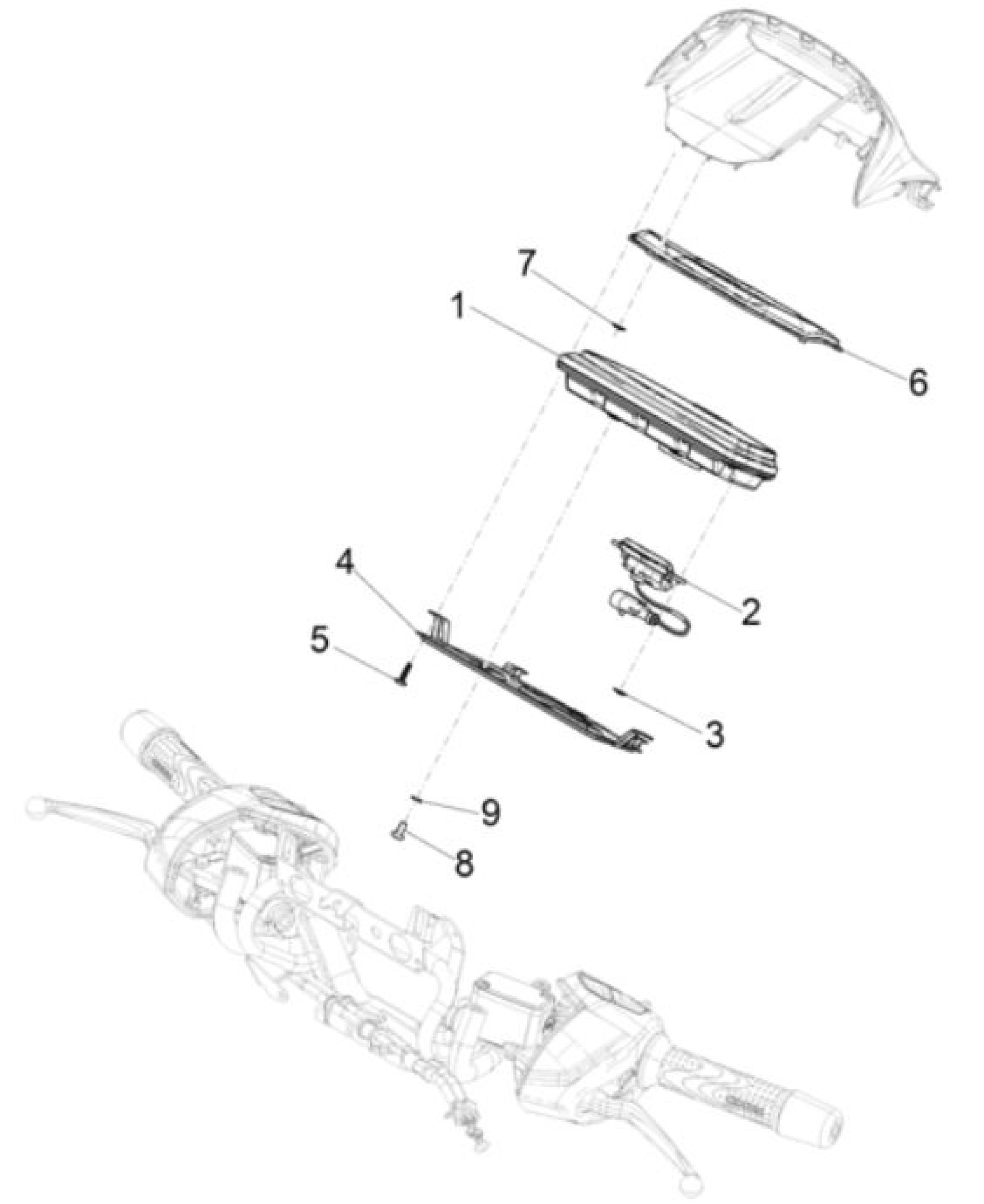Explosionszeichnung Piaggio Beverly 310 HPE E5+ / Beverly 400 HPE E5+ Cockpitinstrumente (2025–2026, Var. 1)