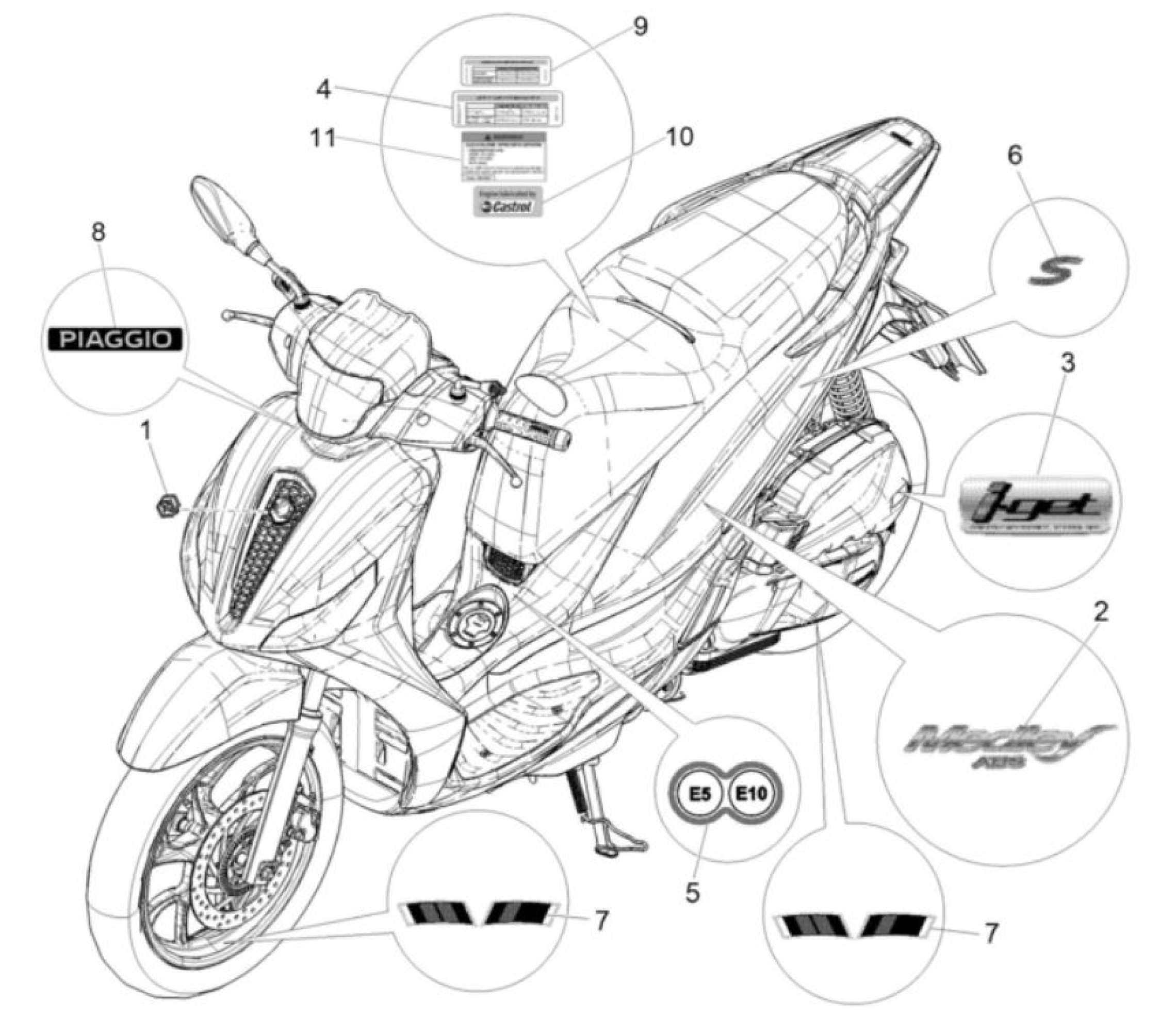 Explosionszeichnung Piaggio Medley 125 ABS E5 / Medley 150 ABS E5 Dekore