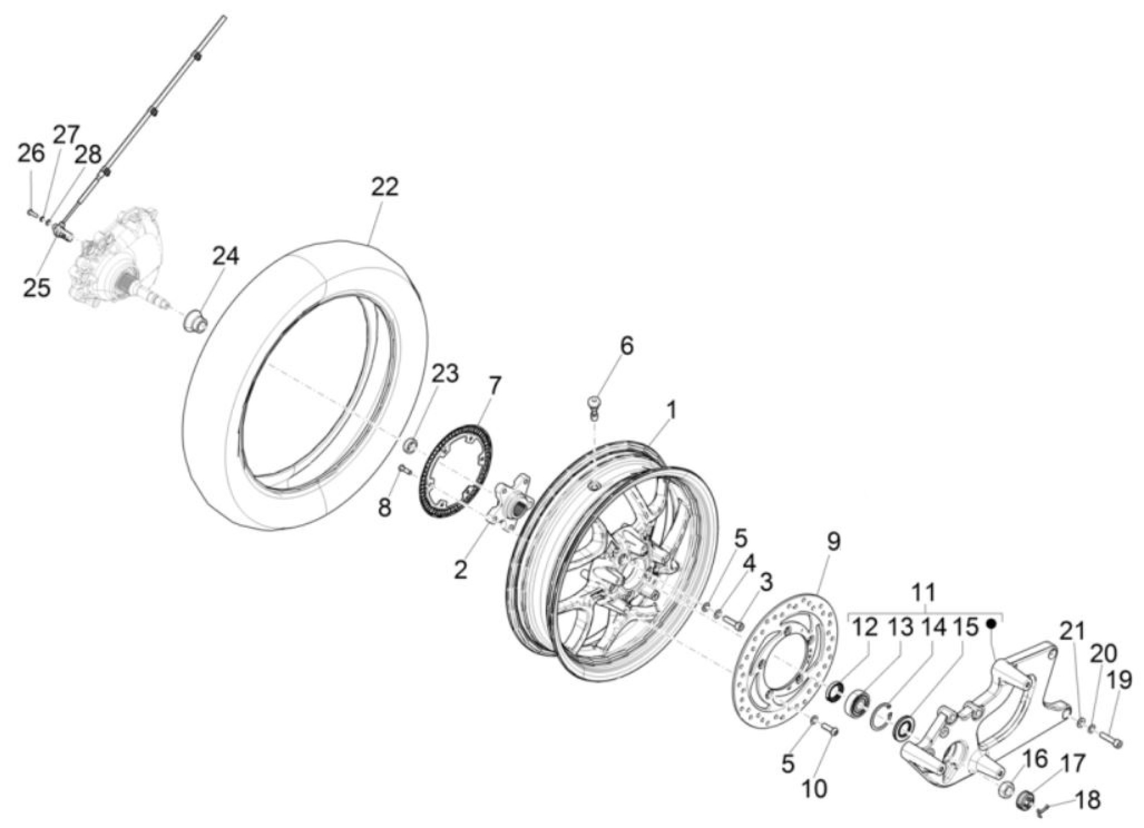 Explosionszeichnung Piaggio Medley 125 ABS E5 / Medley 150 ABS E5 Hinterrad (2022–2024)