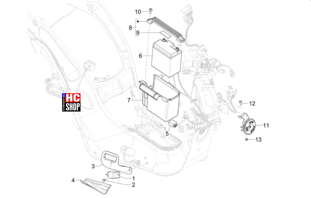 Vespa Primavera 50 TECH E5 - Elektrische Anlage - Fernschalteren-Batterie-Hupe