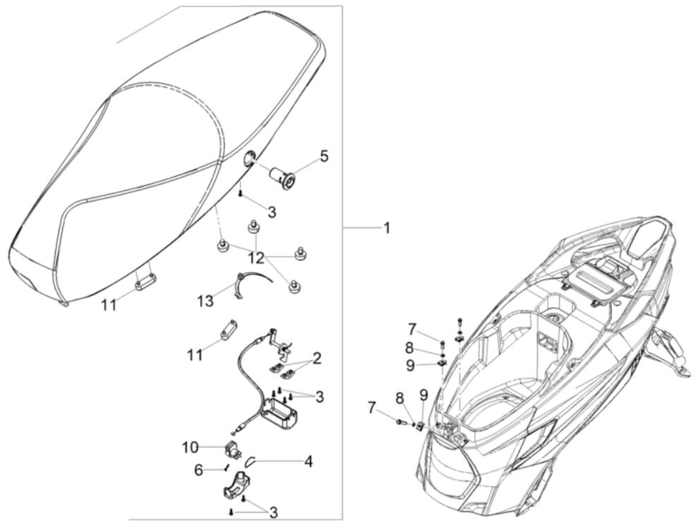 Explosionszeichnung Aprilia SXR 160 / SXR 50 Sitz (2022–2023)