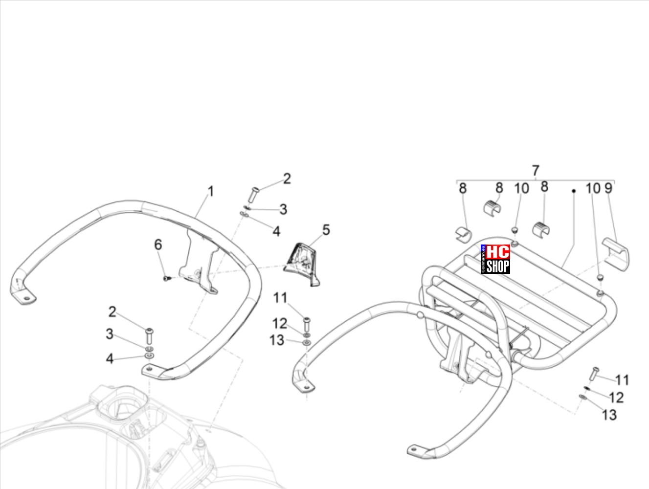 Vespa GTS 300 hpe E5 Fahrgestell - Karosserie Hinterer Gepäckträger