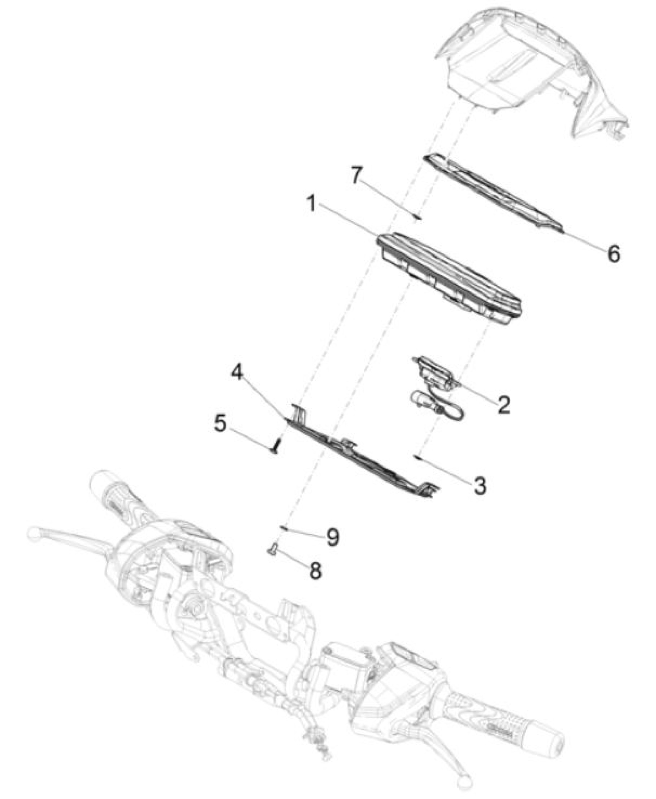 Explosionszeichnung Piaggio Beverly 310 HPE E5+ / Beverly 400 HPE E5+ Cockpitinstrumente (2025–2026, Var. 2)
