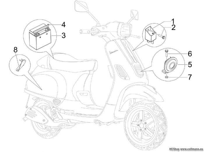 Vespa Fernschalteren - Batterie - Hupe S 50 2T