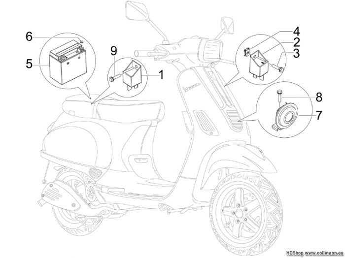 Vespa Fernschalteren - Batterie - Hupe S 50 4T-4V
