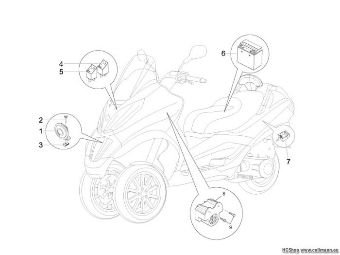 Piaggio Fernschalteren - Batterie - Hupe MP3 125 Ibrido