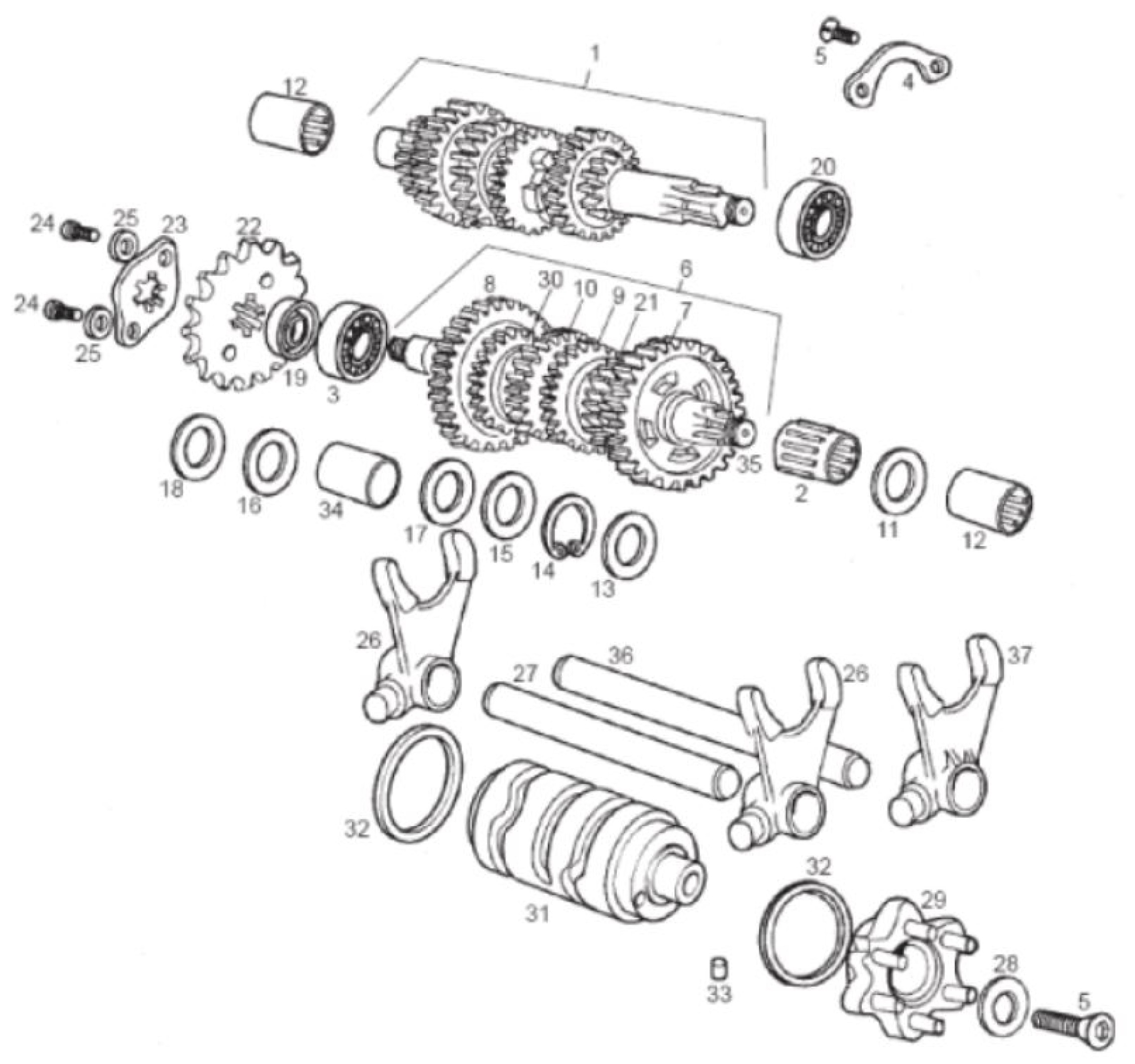 Explosionszeichnung Derbi Senda DRD 50 R / Senda DRD 50 SM Schaltgetriebe (VTHSR1D1A/VTHSR1F1A/VTHSR2D1A)