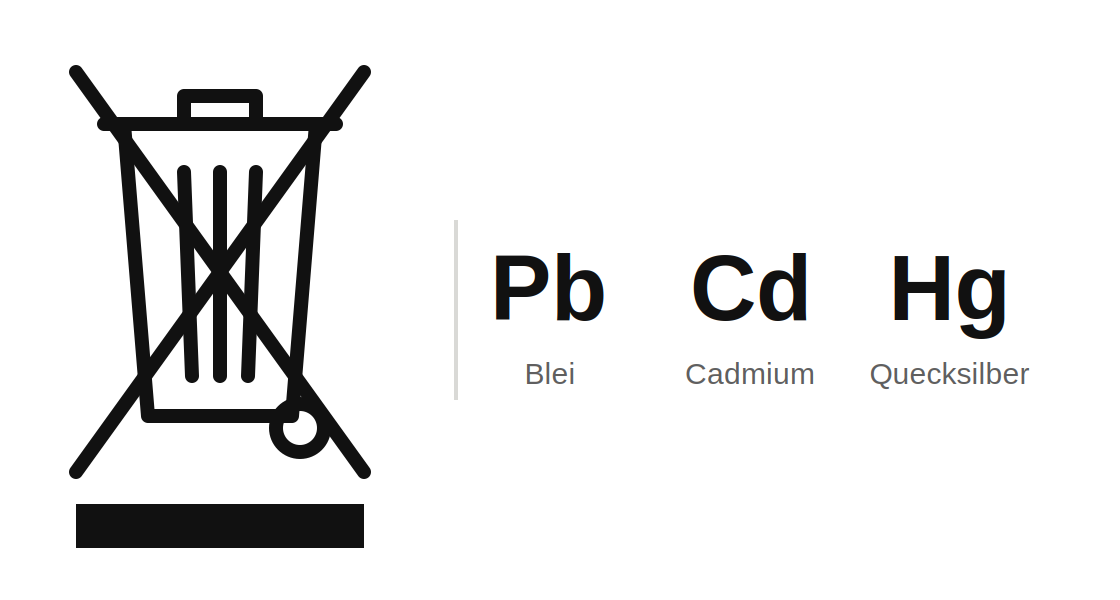 Symbol durchgestrichene Mülltonne mit den Kennzeichnungen Pb (Blei), Cd (Cadmium) und Hg (Quecksilber)