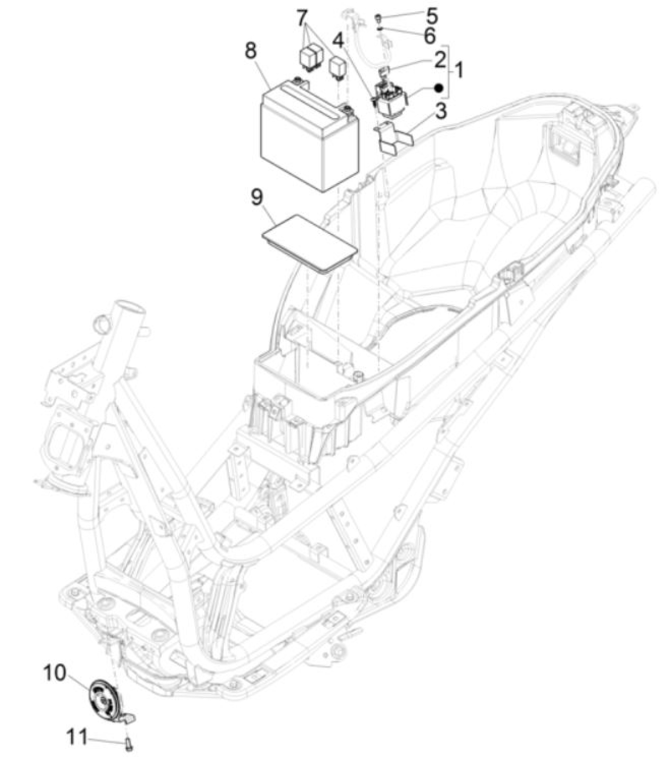 Explosionszeichnung Piaggio Beverly 300 HPE E5 / Beverly 400 HPE E5 Batterie (2022–2023)