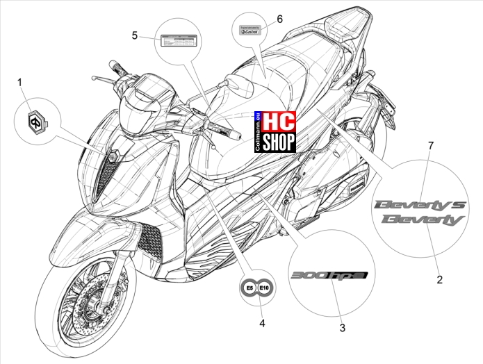 Beverly 300 HPE E5 - Fahrgestell - Plaketten