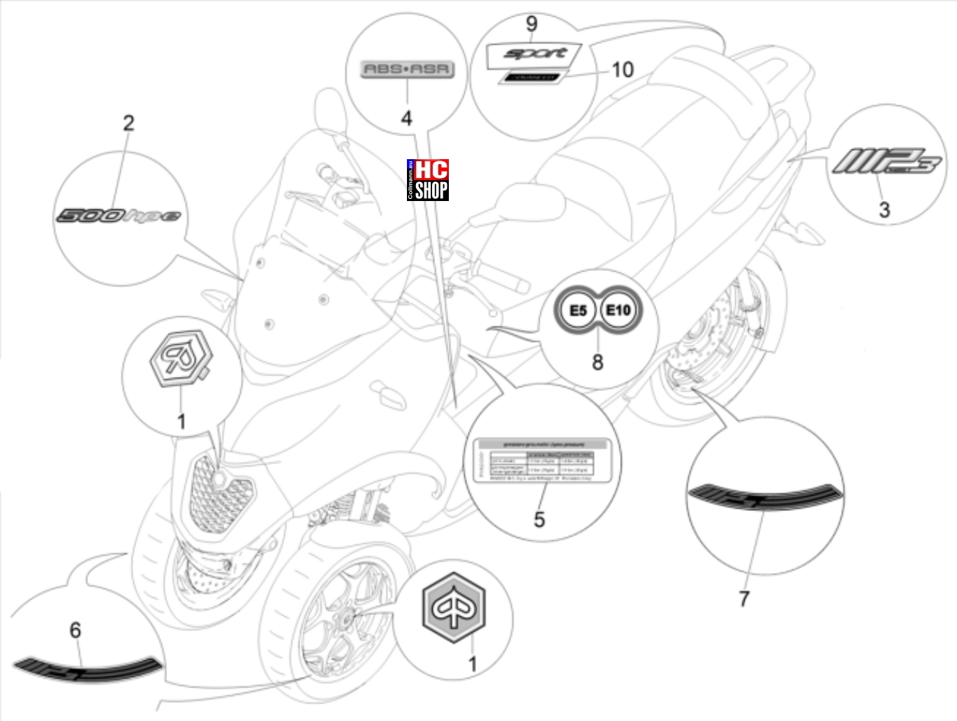 Piaggio MP3 500 Sport Advanced E5 Fahrgestell - Karosserie Plaketten - Verzierungen
