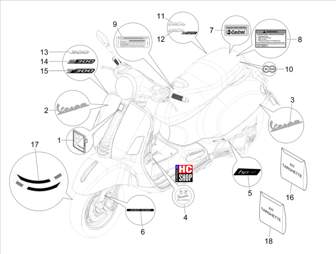 Vespa GTS 300 E5 Fahrgestell Plaketten - Verzierungen