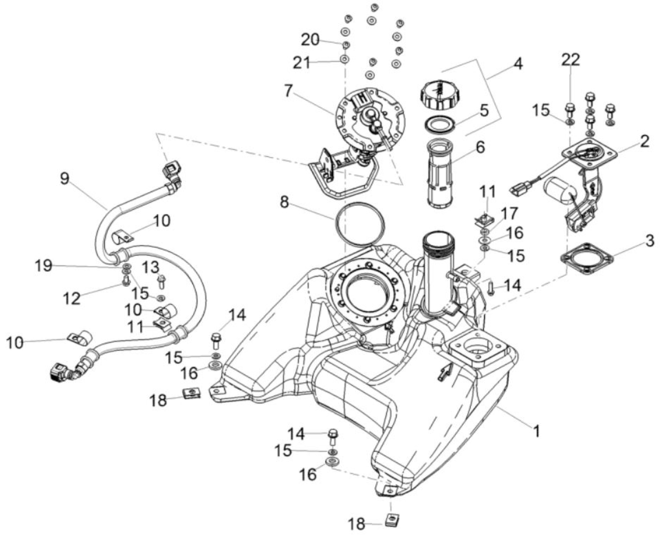 Explosionszeichnung Aprilia SR 125 Motard / SR Motard 160 Kraftstofftank