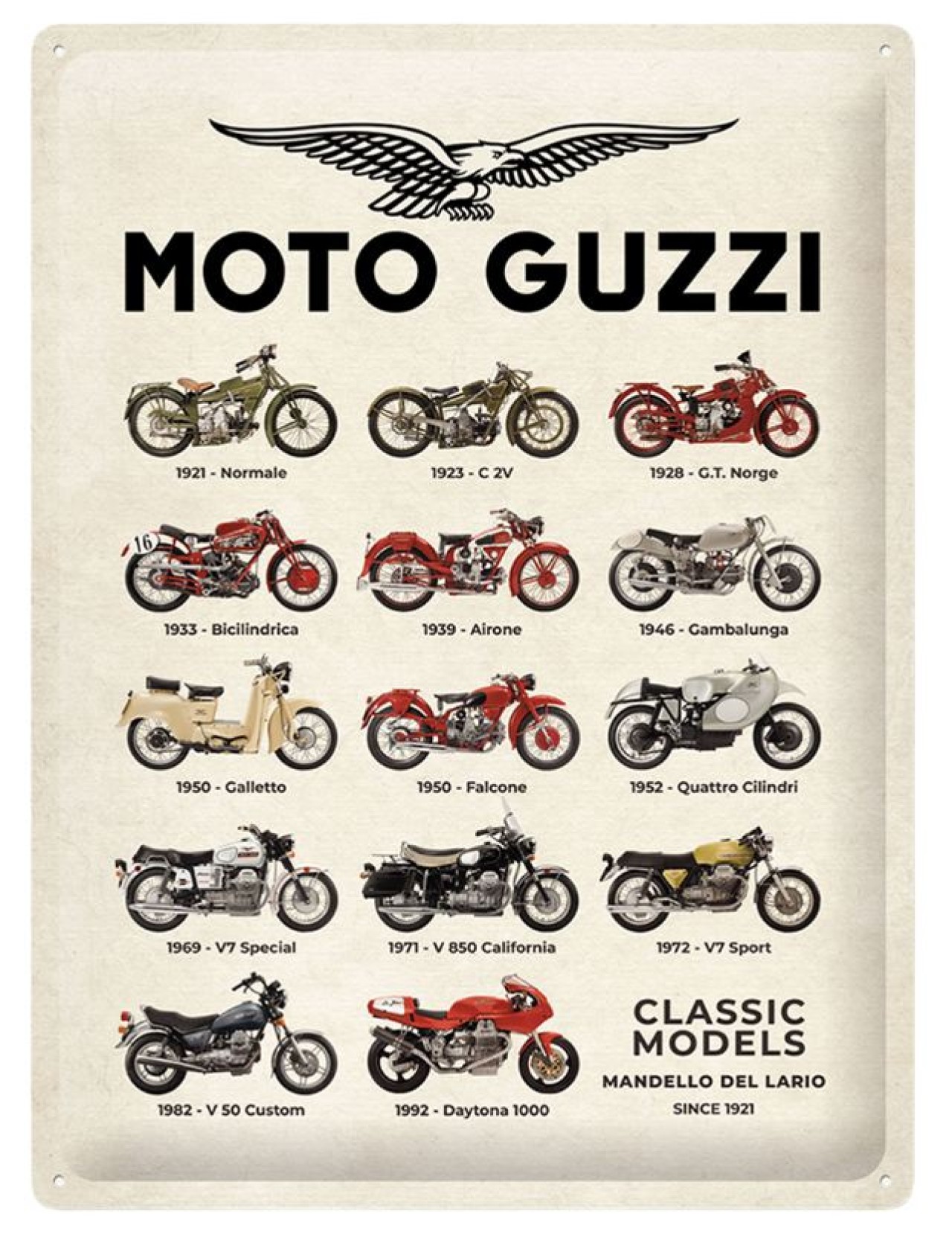 Moto Guzzi Metallschild MG Classic Modelle, 30 x 40 cm, weiß