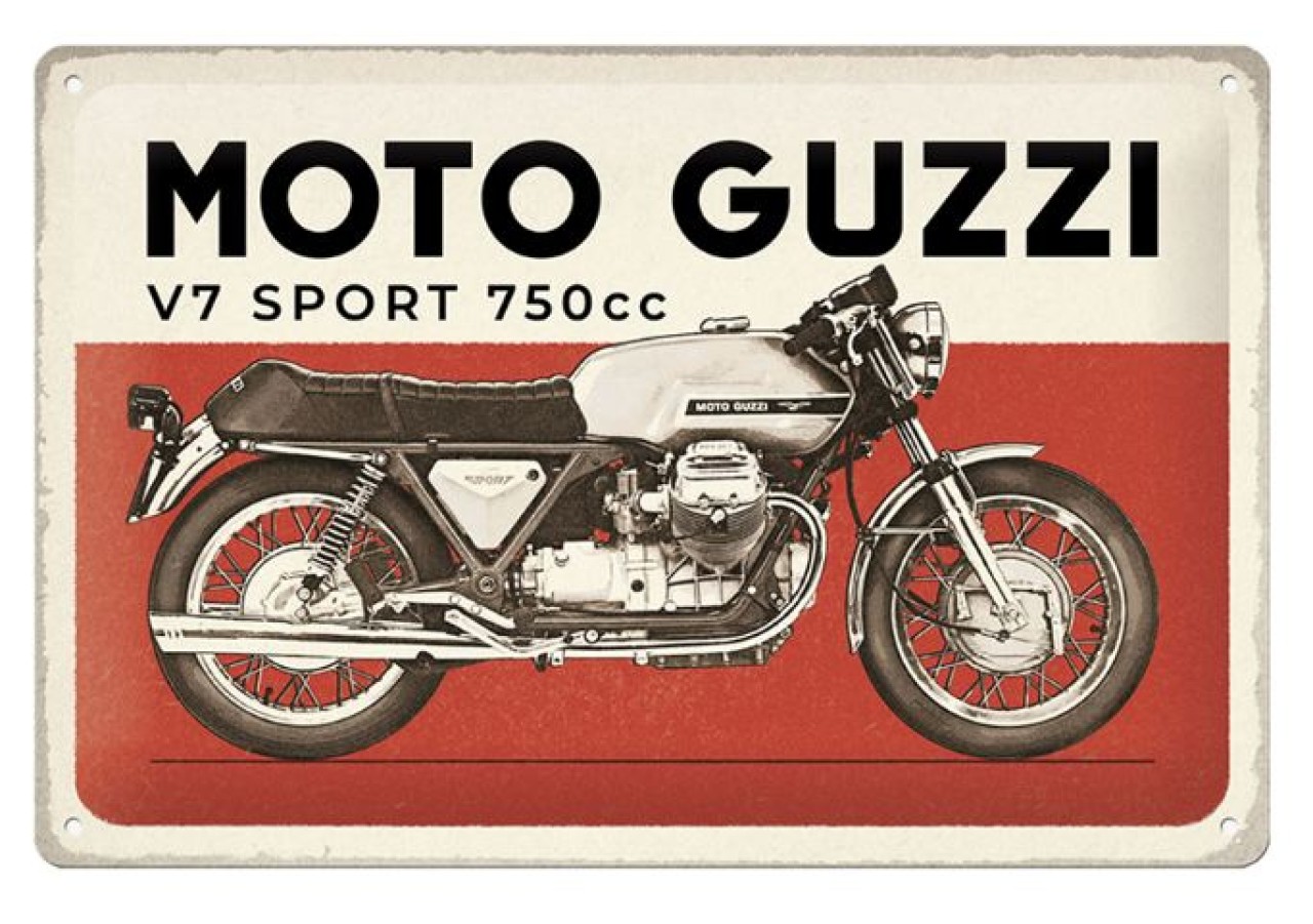 Moto Guzzi Metallschild V7 Sport 750ccm, 20 x 30 cm, weiß/rot