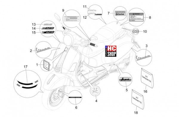 Vespa GTS 125 E5 Super-Super Sport-Super Tech - Fahrgestell-Karosserie - Plaketten-Verzierungen