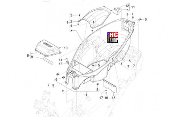 Piaggio MP3 310 HPE Sport E5+ - Fahrgestell-Karosserie - Schutzhelmgehäuse-Untersitz