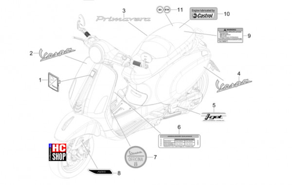 Vespa Primavera 50 E5 Officina 8 - Fahrgestell-Karosserie - Plaketten-Verzierungen