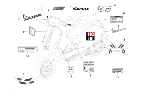 Vespa Sprint S 50 E5 - Fahrgestell-Karosserie - Plaketten-Verzierungen