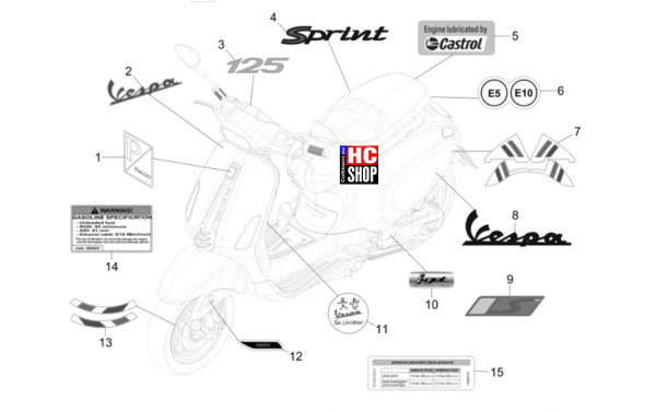 Vespa Sprint S 125 E5+ - Fahrgestell-Karosserie - Plaketten-Verzierungen