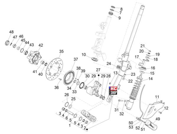 Vespa Sprint 125 ABS E5 Radaufhängungen Gabel - Lenkerleitung - Steuersatz