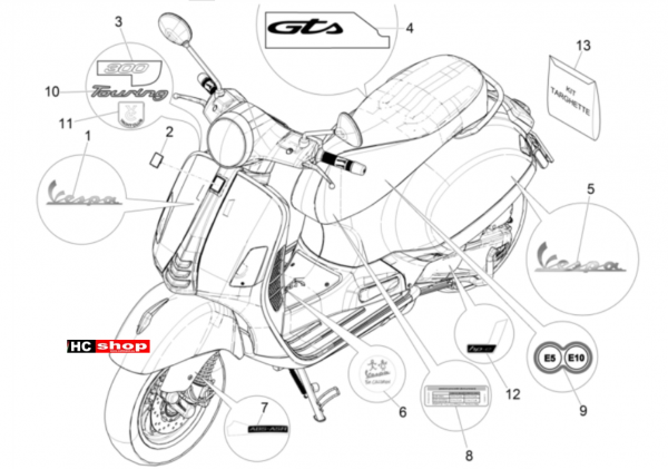 Vespa GTS 300 hpe Fahrgestell Plaketten