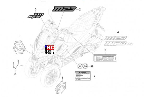 Piaggio MP3 310 HPE Sport E5+ - Fahrgestell-Karosserie - Plaketten-Verzierungen
