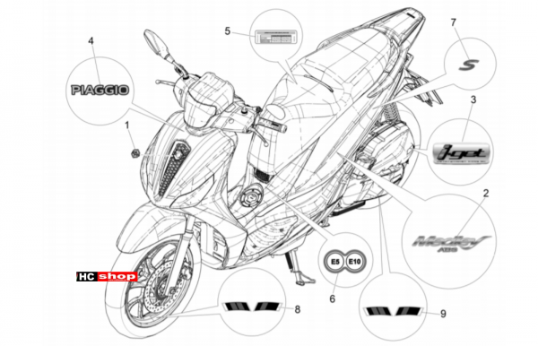 Piaggio Medley 125 4T IE ABS E4 Fahrgestell Plaketten