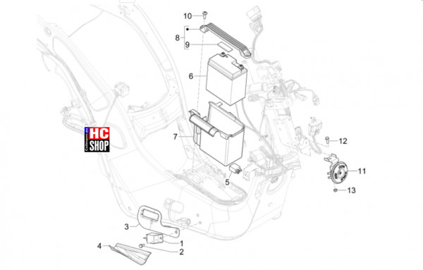 Vespa Primavera 50 TECH E5 - Elektrische Anlage - Fernschalteren-Batterie-Hupe